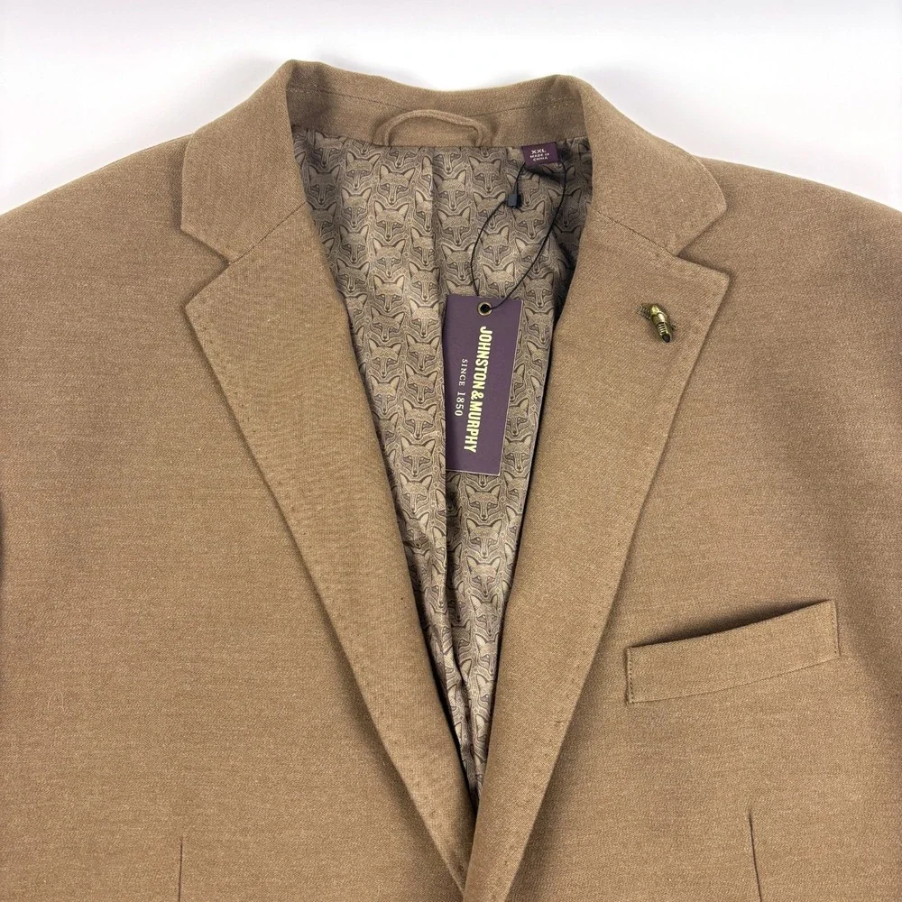 NWT Johnston & Murphy Knit Blazer Mens 2XL Camel Brown Fox Pattern Trim Unstruct
